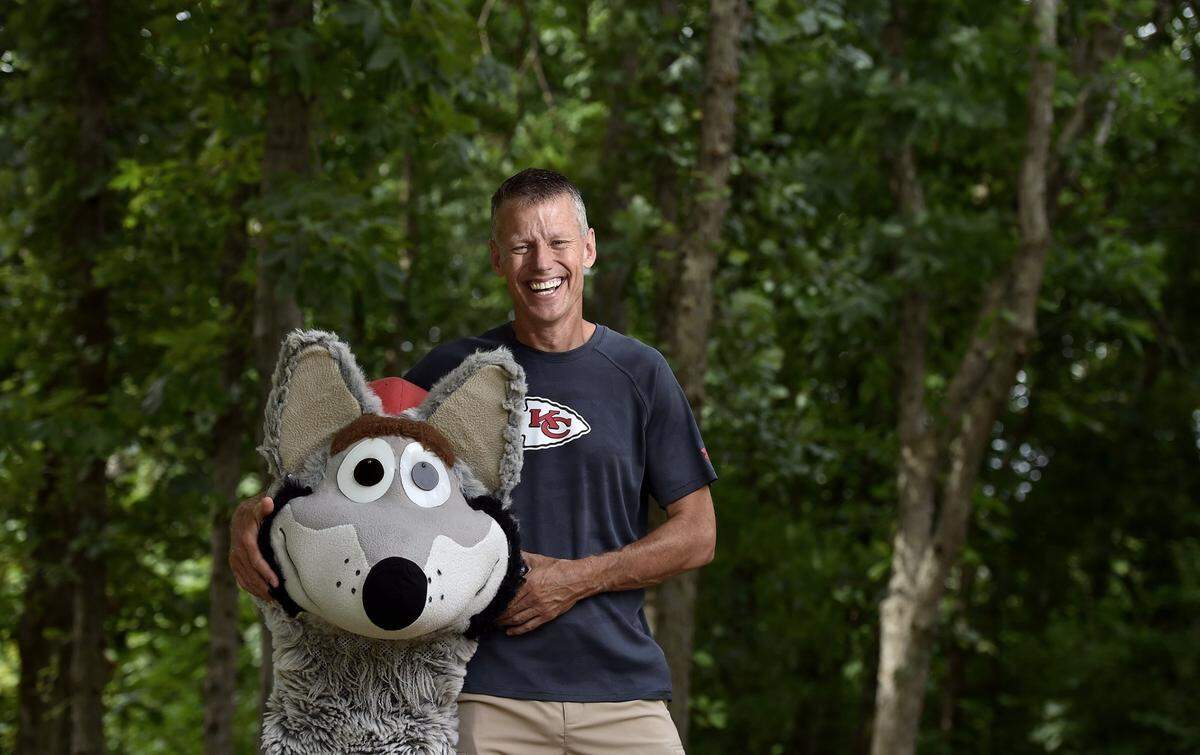 Dan Meers, shown in 2020, has been the Kansas City Chiefs mascot KC Wolf for 35 years.