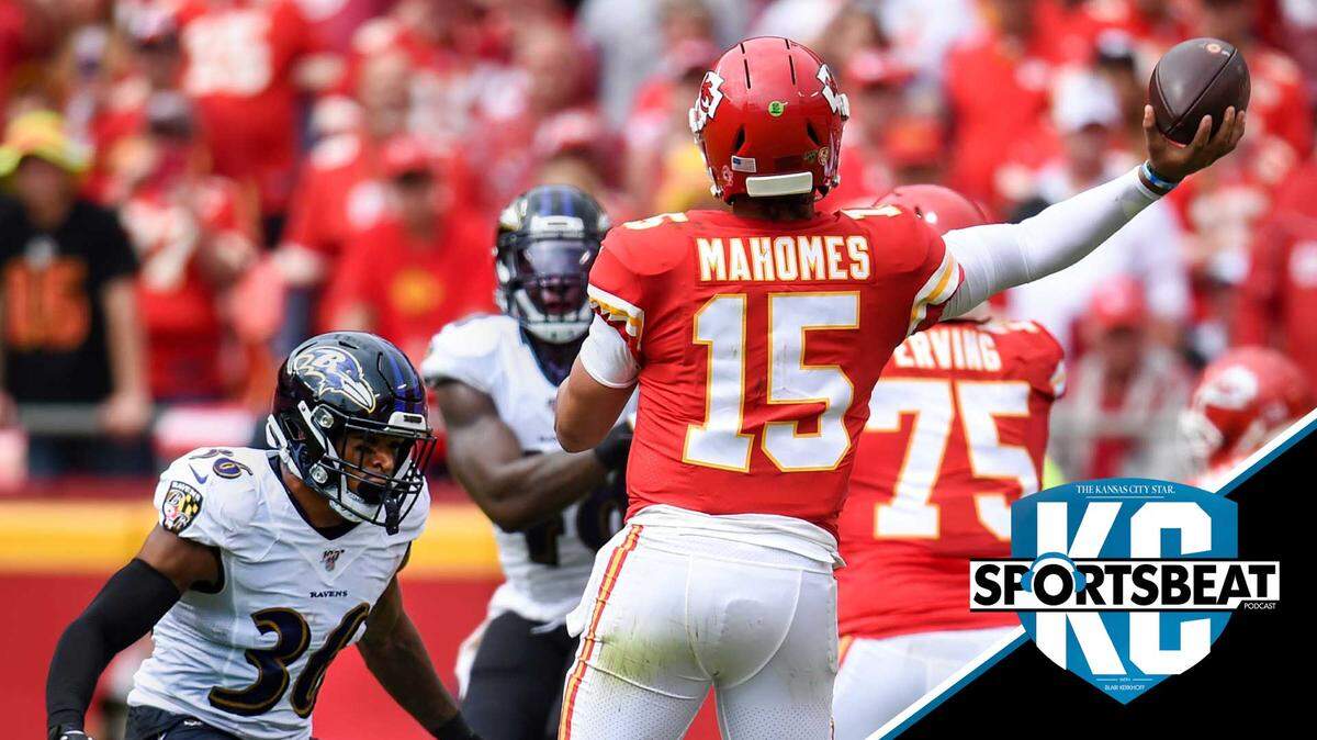 Chiefs quarterback Patrick Mahomes throws as he was rushed by Ravens safety Chuck Clark during the Sept. 22 game at Arrowhead Stadium.