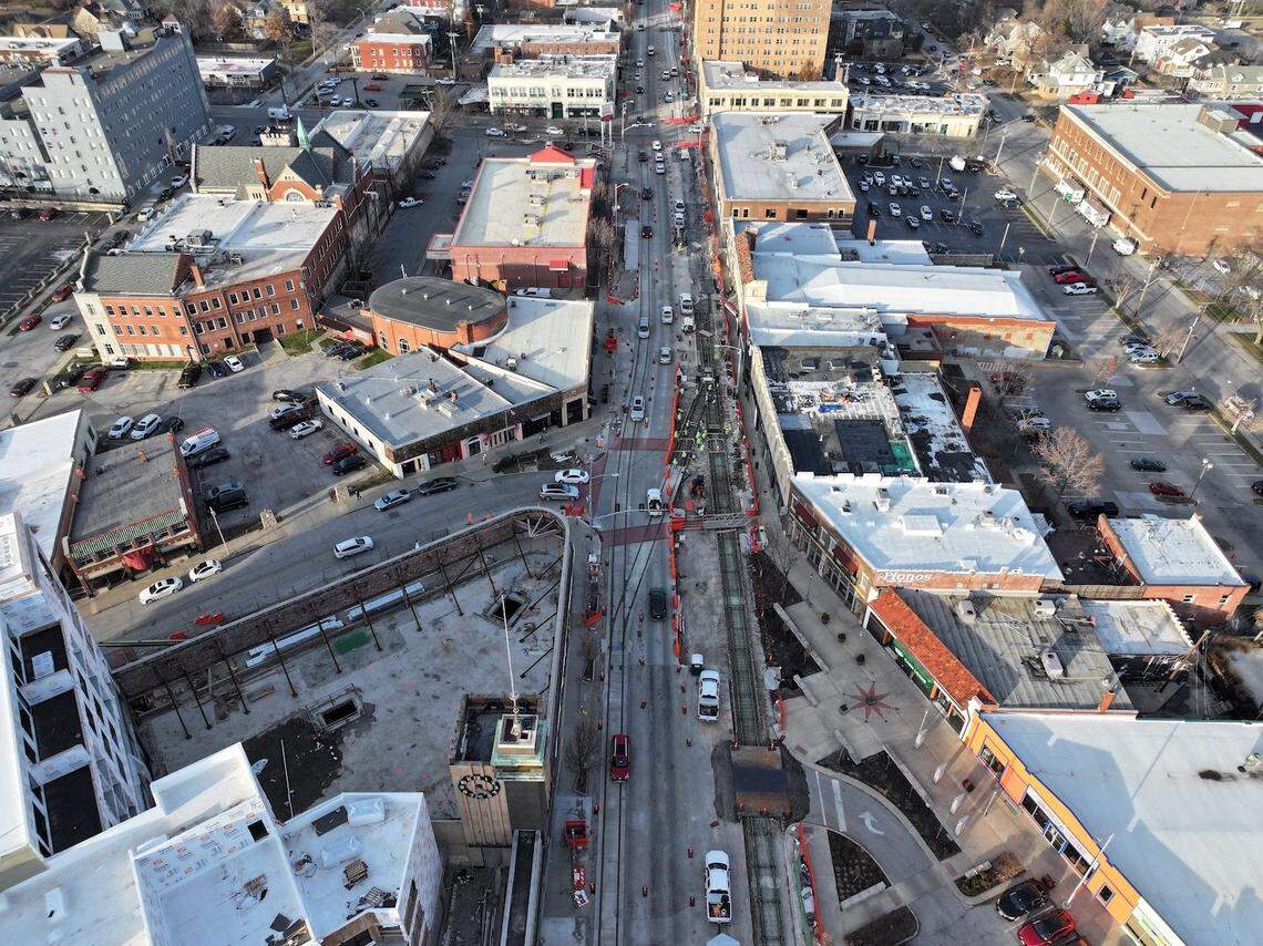 A construction along the Kansas City Streetcar’s southern extension is seen near the intersection of Main Street and Westport Road on Dec. 13, 2023. Major construction for the extension is expected to wrap up by the end of 2024.