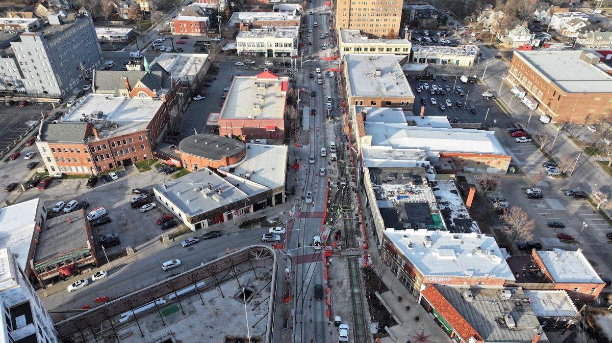 An aerial view of construction along the Kansas City Streetcar’s southern extension is seen near the intersection of Main Street and Westport Road on Dec. 13, 2023. Major construction for the extension is expected to wrap up by the end of 2024.