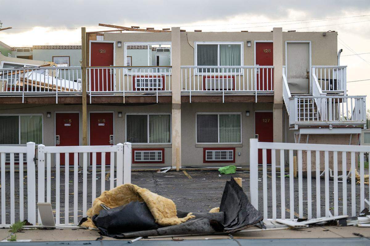 The Knights Inn, 1641 S. Main St., showed heavy damage on Tuesday, April 14, 2026, in Ottawa, Kansas, after a tornado moved through the town Monday night. No injuries were reported in Ottawa.