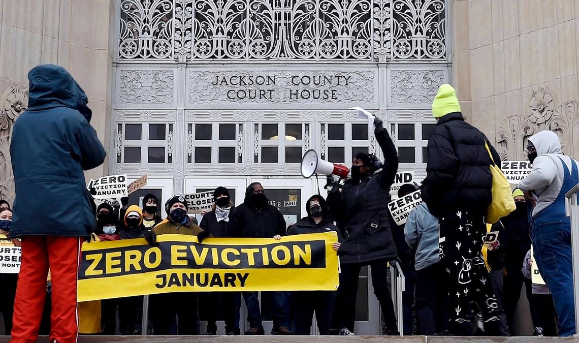 Members of KC Tenants chanted “every eviction is an act of violence” and barricaded the doors of the Jackson County Courthouse downtown. The group wants the circuit court to stop evictions during the COVID-19 pandemic.