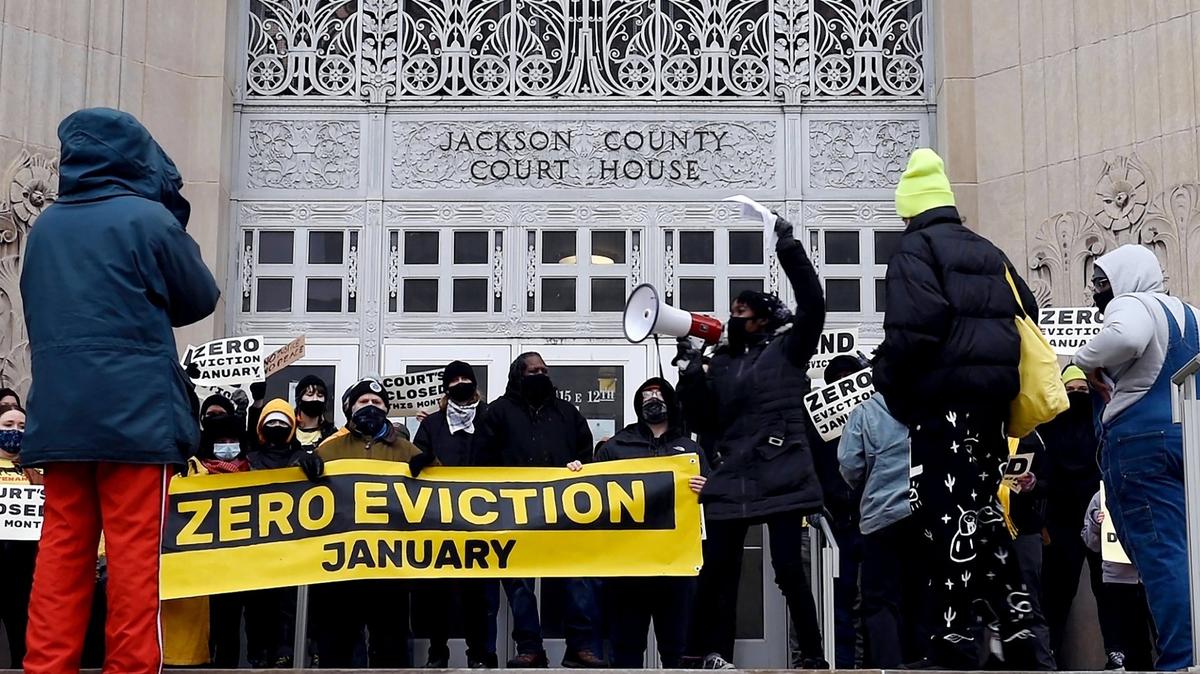 Members of KC Tenants chanted “every eviction is an act of violence” and barricaded the doors of the Jackson County Courthouse downtown. The group wants the circuit court to stop evictions during the COVID-19 pandemic.