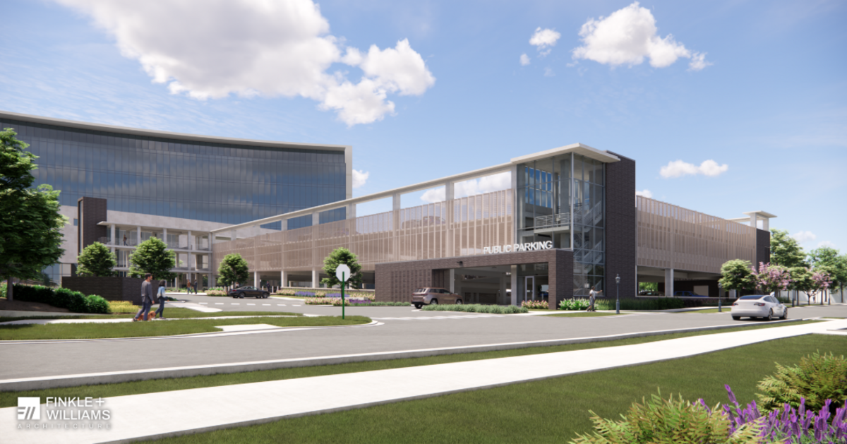 A rendering shows a new parking garage planned for the corner of Poplar and Chestnut streets in downtown Olathe.