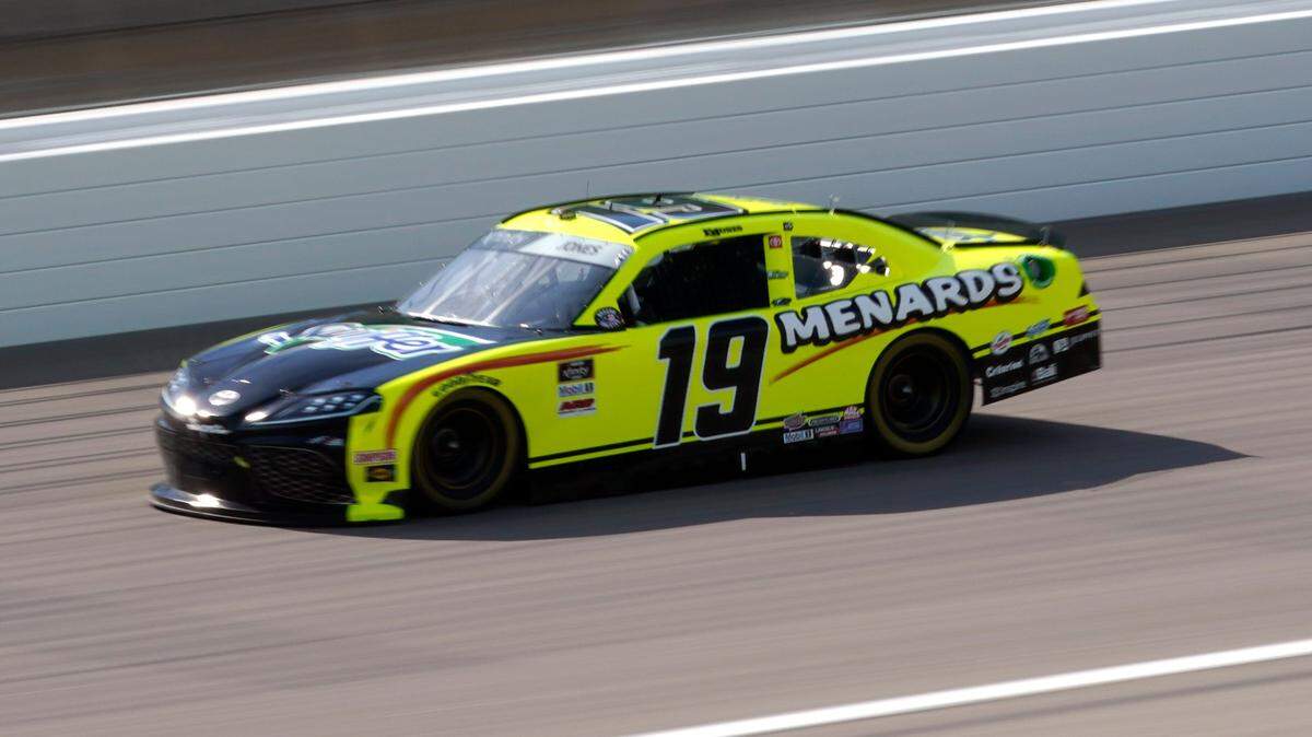 Brandon Jones (19) drives during a NASCAR Xfinity Series auto race at Kansas Speedway in Kansas City, Kan., Saturday, July 25, 2020. (AP Photo/Charlie Riedel)
