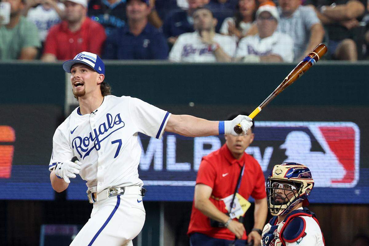 Kansas City Royals shortstop Bobby Witt Jr. competes in Monday evening’s 2024 Home Run Derby at Globe Life Field in Arlington, Texas.