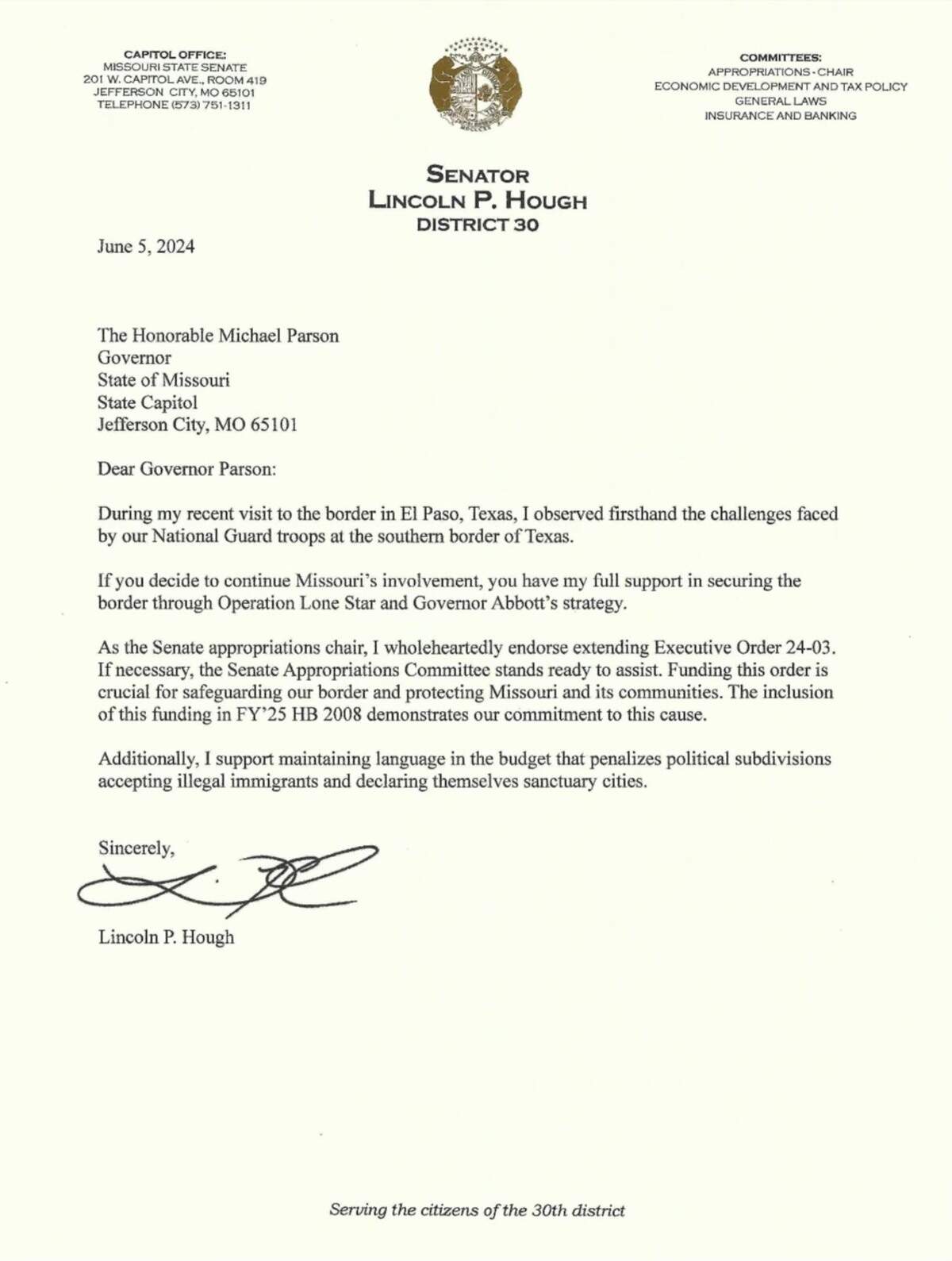Sen. Lincoln Hough, a Springfield Republican, sent a letter to Gov. Mike Parson on Wednesday supporting an extension of Parson’s executive order to keep troops at the southern border with Mexico.