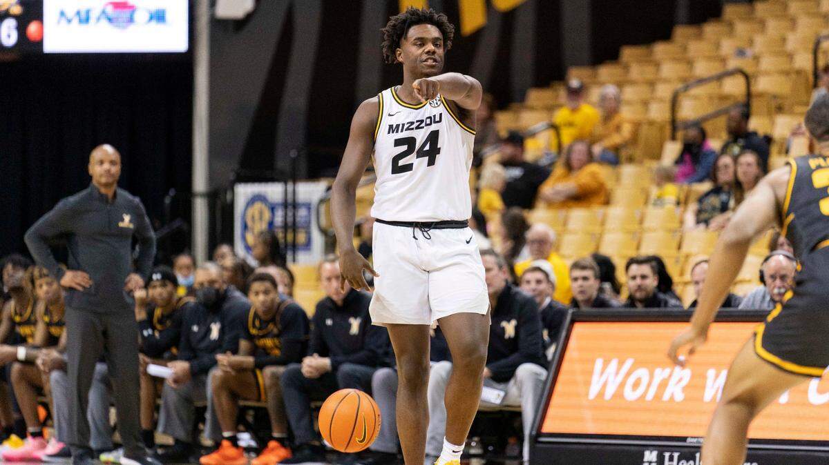 Missouri’s Kobe Brown directs his team during the second half of an NCAA college basketball game against Wichita State Friday, Nov. 26, 2021, in Columbia, Mo. Wichita State won 61-55. (AP Photo/L.G. Patterson)
