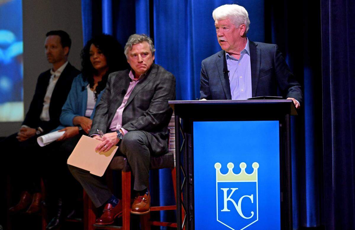 Kansas City Royals Chairman and CEO John Sherman, right, spoke at a public meeting about a proposed downtown ballpark district.