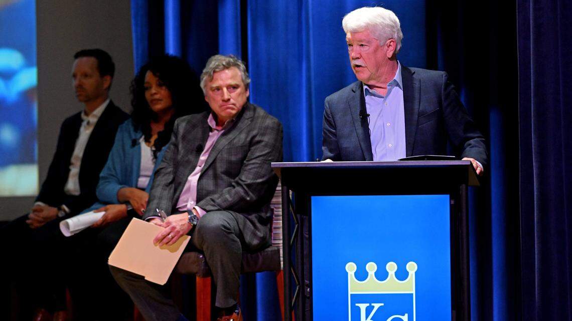 Kansas City Royals Chairman and CEO John Sherman, right, spoke at a public meeting in December 2022 about a proposed downtown ballpark district.