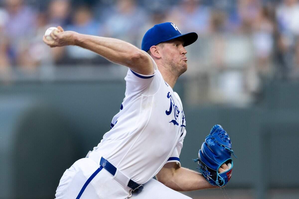 Pitcher Stephen Kolek, #32, pitches the ball during Thursday's Armed Forces Night game at Kauffman Stadium on July 2, 2026. The Tampa Bay Rays came out on top over the Royals with a final score of 5 to 2.