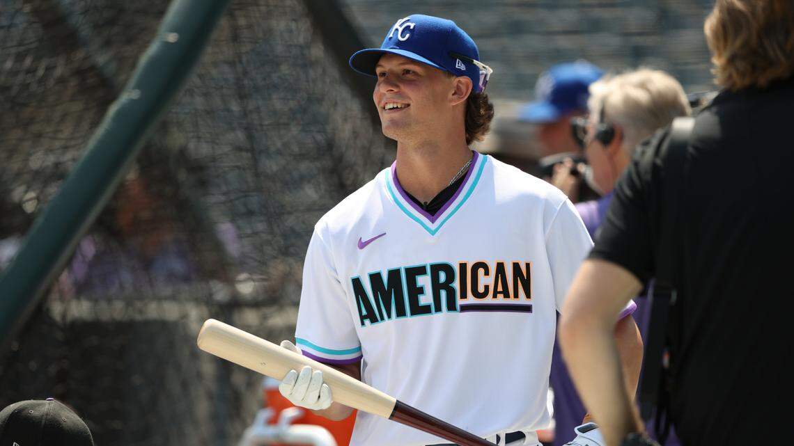 Bobby Witt Jr. attends American League batting practice before the MLB All Star Futures baseball game, Sunday, July 11, 2021, in Denver. (AP Photo/Gabe Christus)