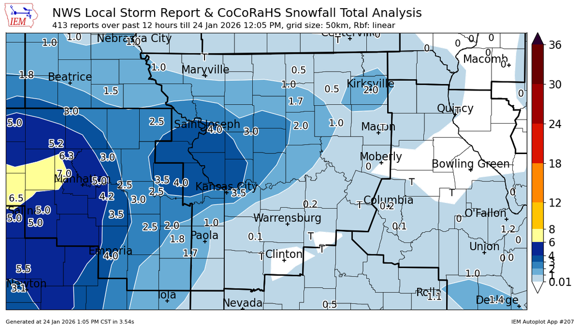 Between 2 and 4 inches of snow has fallen across much of the Kansas City metro area, according to early snowfall totals reported to the National Weather Service. Light to moderate snowfall is expected to continue overnight into Sunday morning.