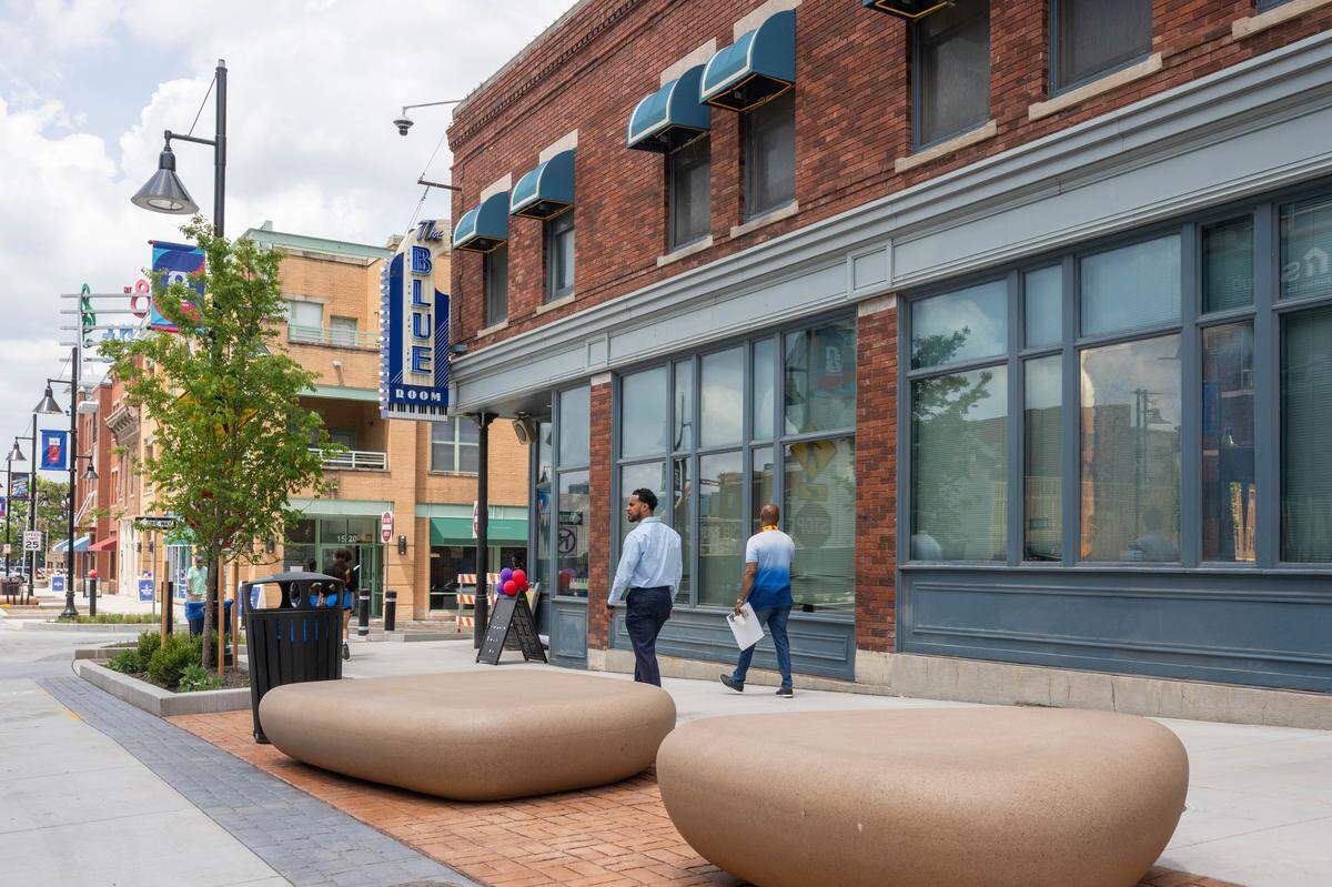Seating area outside the Blue Note in the 18th & Vine Jazz District on Wednesday, May 27, in Kansas City.