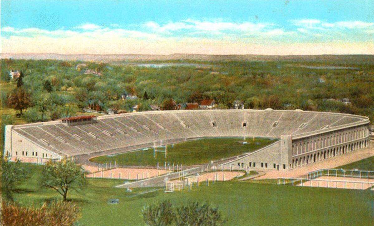 A postcard shows the University of Kansas' Memorial Stadium from around 1930.