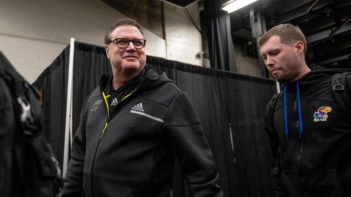 Kansas head coach Bill Self exits the court after leading his team in practice a day before it plays Arkansas in the NCAA Tournament Friday, March 17, 2023, in Des Moines, Iowa.