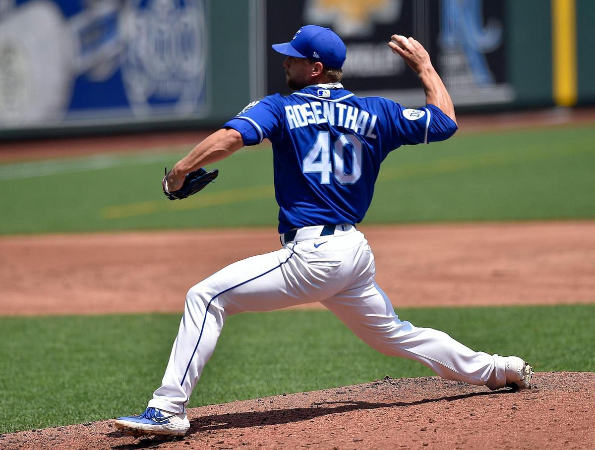 Trevor Rosenthal pitched during an intrasquad game at the Kansas City Royals spring training 2.0 at Kauffman Stadium Monday, July 7, 2020.