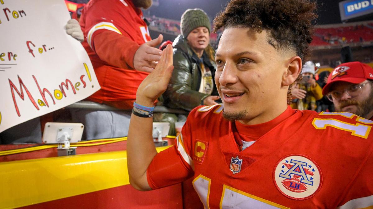 Chiefs quarterback Patrick Mahomes greets fans after a win over Jacksonville in the Divisional Round of the playoffs on Saturday, Jan. 212023, at GEHA Field at Arrowhead Stadium. Chiefs defeated Jaguars, 27-20.