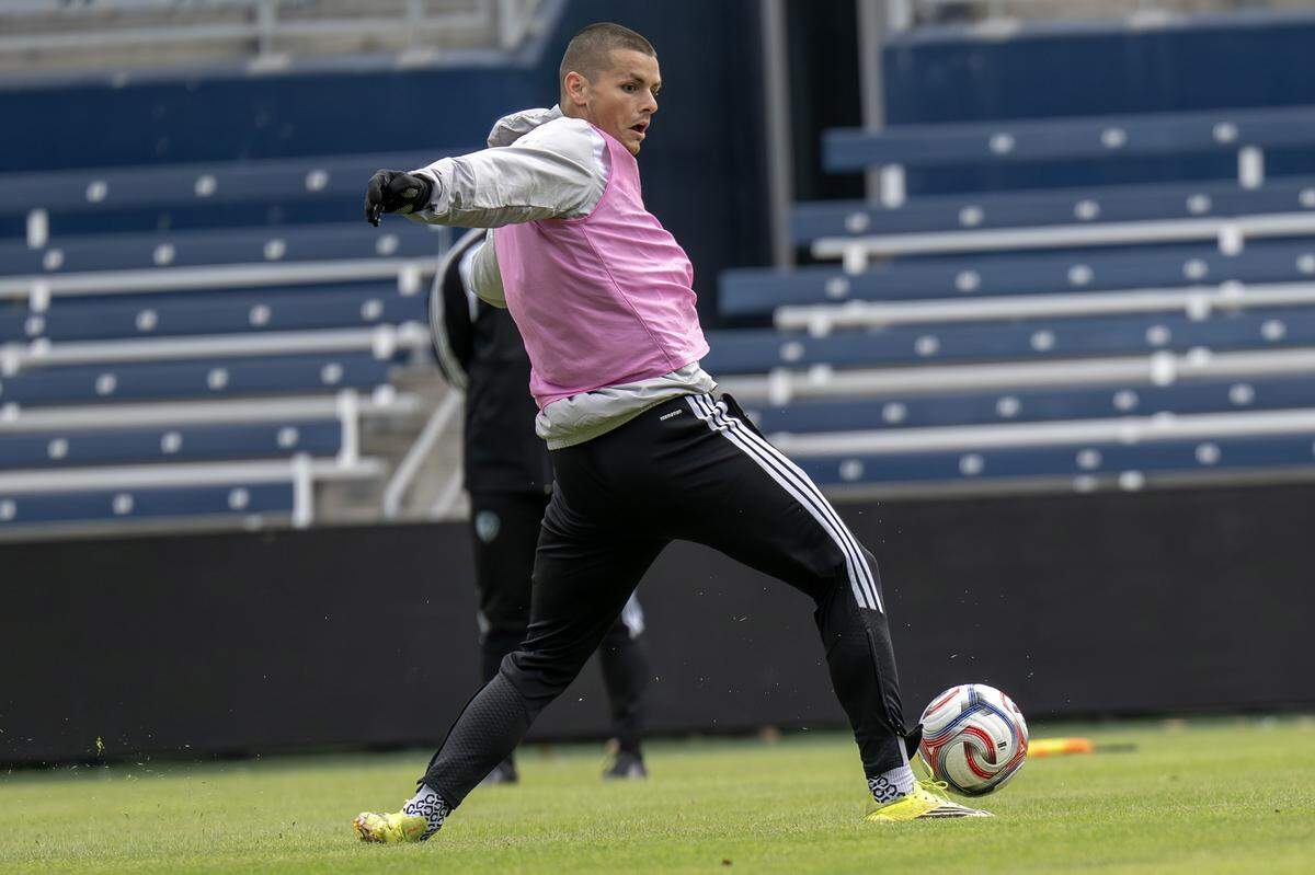 Sporting Kansas City forward Dejan Joveljic (9) runs a drill during practice at Sporting Park on Tuesday, Feb. 24, 2026, in Kansas City, Kansas.