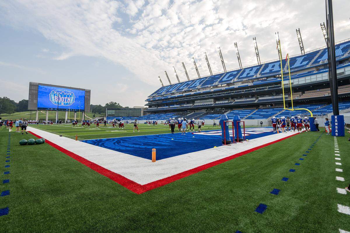 Kansas football players practice at the newly renovated David Booth Kansas Memorial Stadium on Friday, Aug. 1, 2025, in Lawrence, Kansas.
