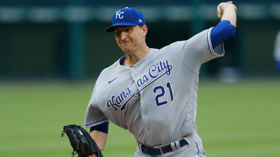 Kansas City Royals starting pitcher Mike Montgomery throws during a baseball game against the Detroit Tigers, Monday, July 27, 2020, in Detroit. (AP Photo/Carlos Osorio)