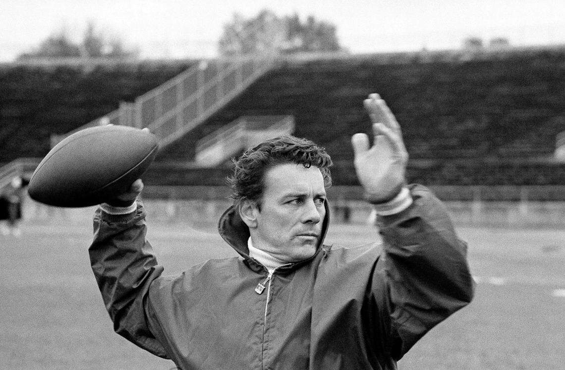Len Dawson of the Kansas City Chiefs runs through passing drills with receivers in New Orleans to prepare for the Super Bowl, in January 1970.