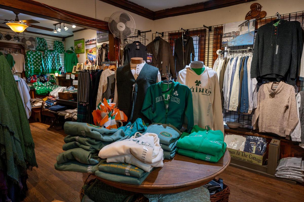 A room filled with Irish-themed merchandise, including clothing, is seen at Browne’s.