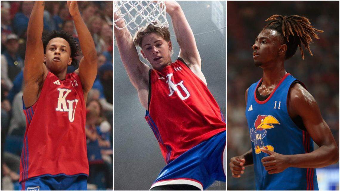 Three KU basketball freshmen are competing for a starting spot on this year’s team. They are (left to right) Elmarko Jackson, Johnny Furphy and Jamari McDowell.