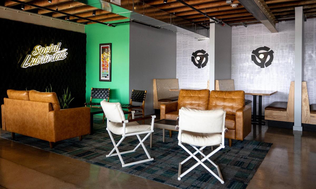 The tasting room at Friction Beer Company has a subtle rock music theme.