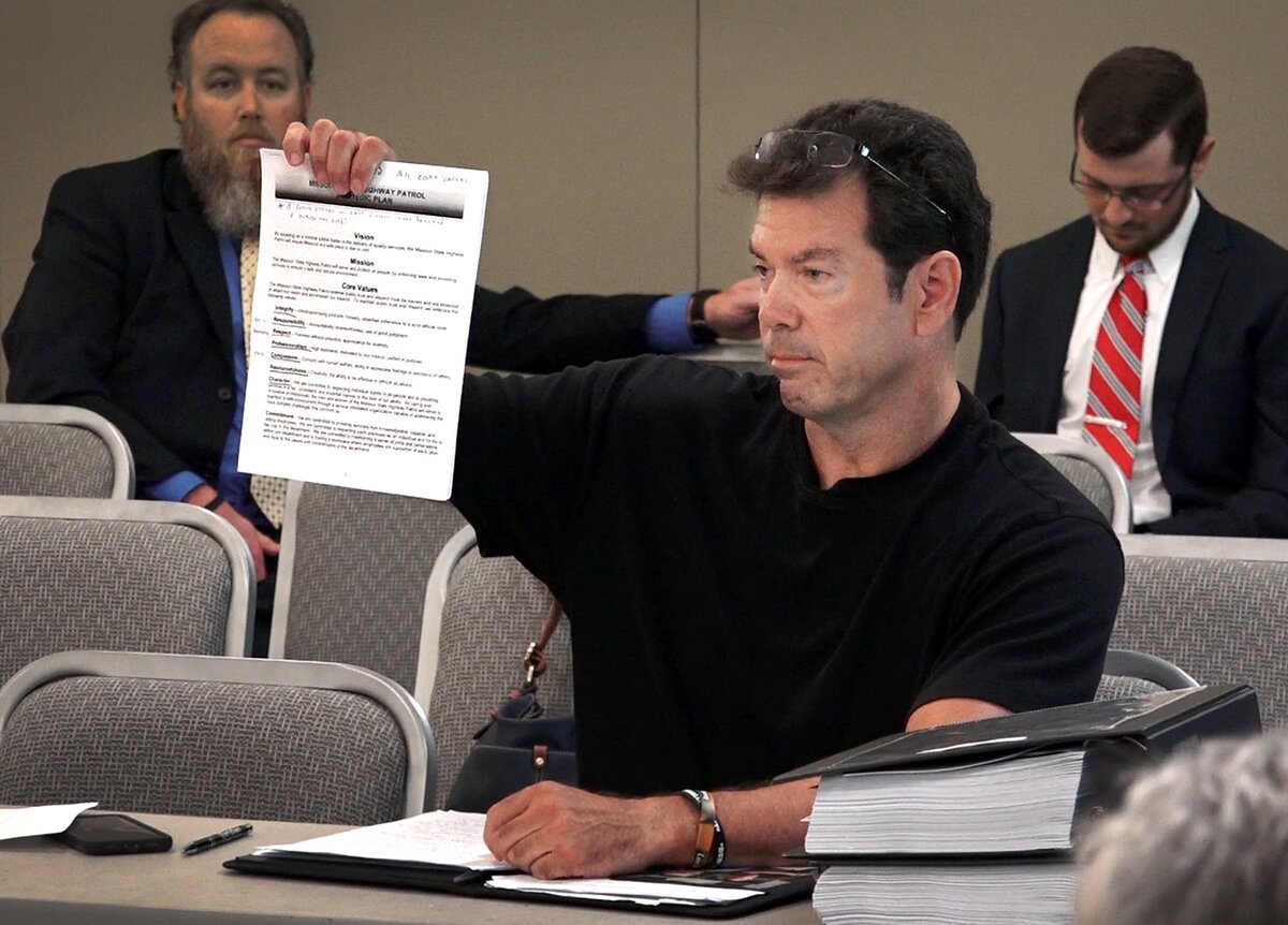 "You violated every one of them," Craig Ellingson told former Highway Patrol trooper Anthony Piercy as he held up a list of the patrol's core values. Ellingson was speaking at a hearing in Jefferson City to determine whether Piercy's peace officer's license should be revoked. Ellingson's son Brandon Ellingson died in 2014 while in Piercy's custody on the Lake of the Ozarks.