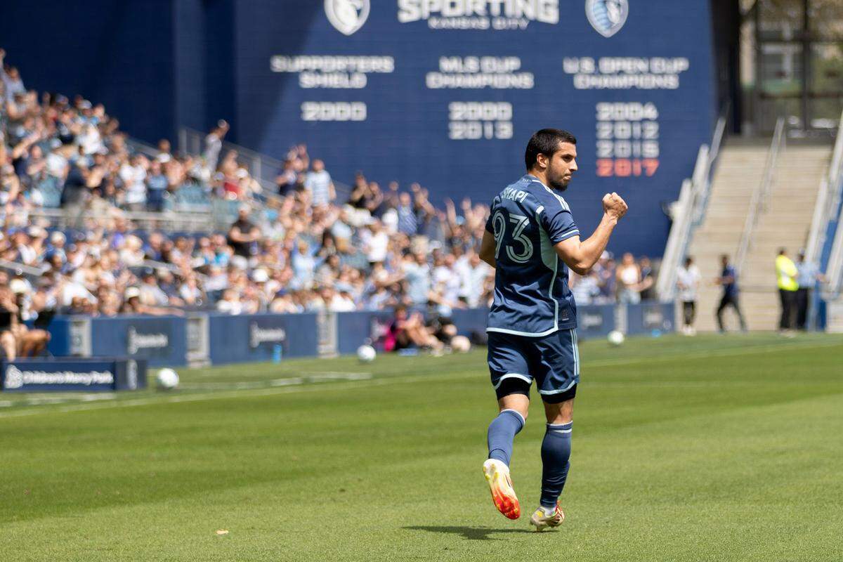 Sporting KC forward Shapi Suleymanov celebrates his goal against the Portland Timbers during a Major League Soccer match at Children’s Mercy Park in Kansas City, Kan., on Sunday, April 13, 2025.
