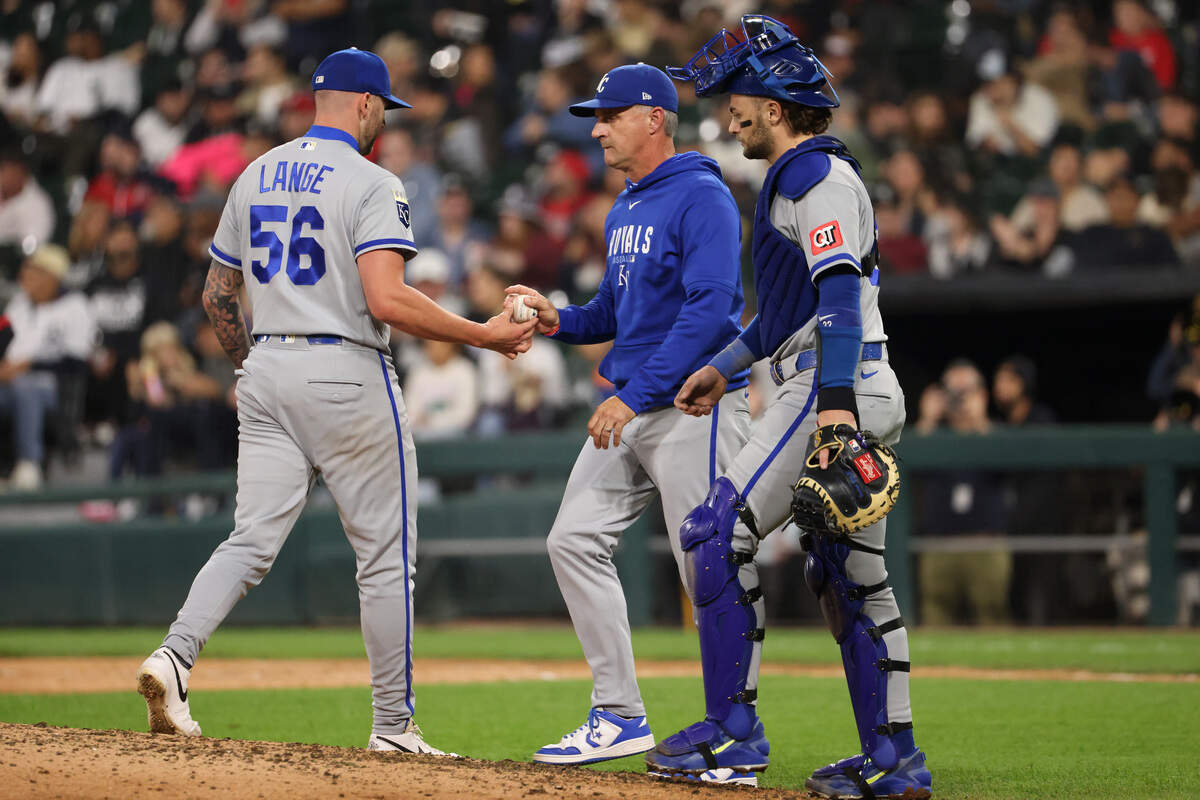 CHICAGO, ILLINOIS - JUNE 26: Kansas City Royals manager Matt Quatraro removes Alex Lange during the seventh inning against the Chicago White Sox at Rate Field on June 26, 2026 in Chicago, Illinois.