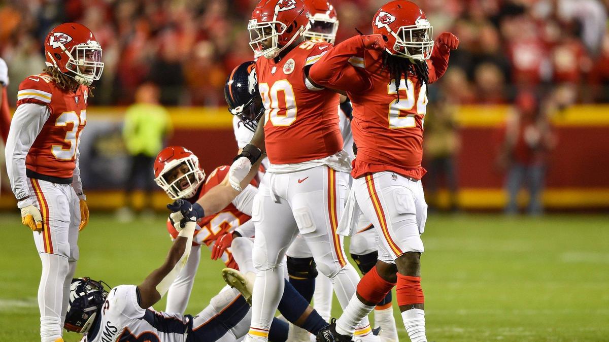 Chiefs linebacker Melvin Ingram III, celebrates tackling Denver Broncos running back Javonte Williams for a loss of yards in the first quarter of the Kansas City Chiefs game against the Denver Broncos at GEHA Field at Arrowhead Stadium Sunday, Dec. 5, 2021. The Chiefs defeated the Broncos 22-9.
