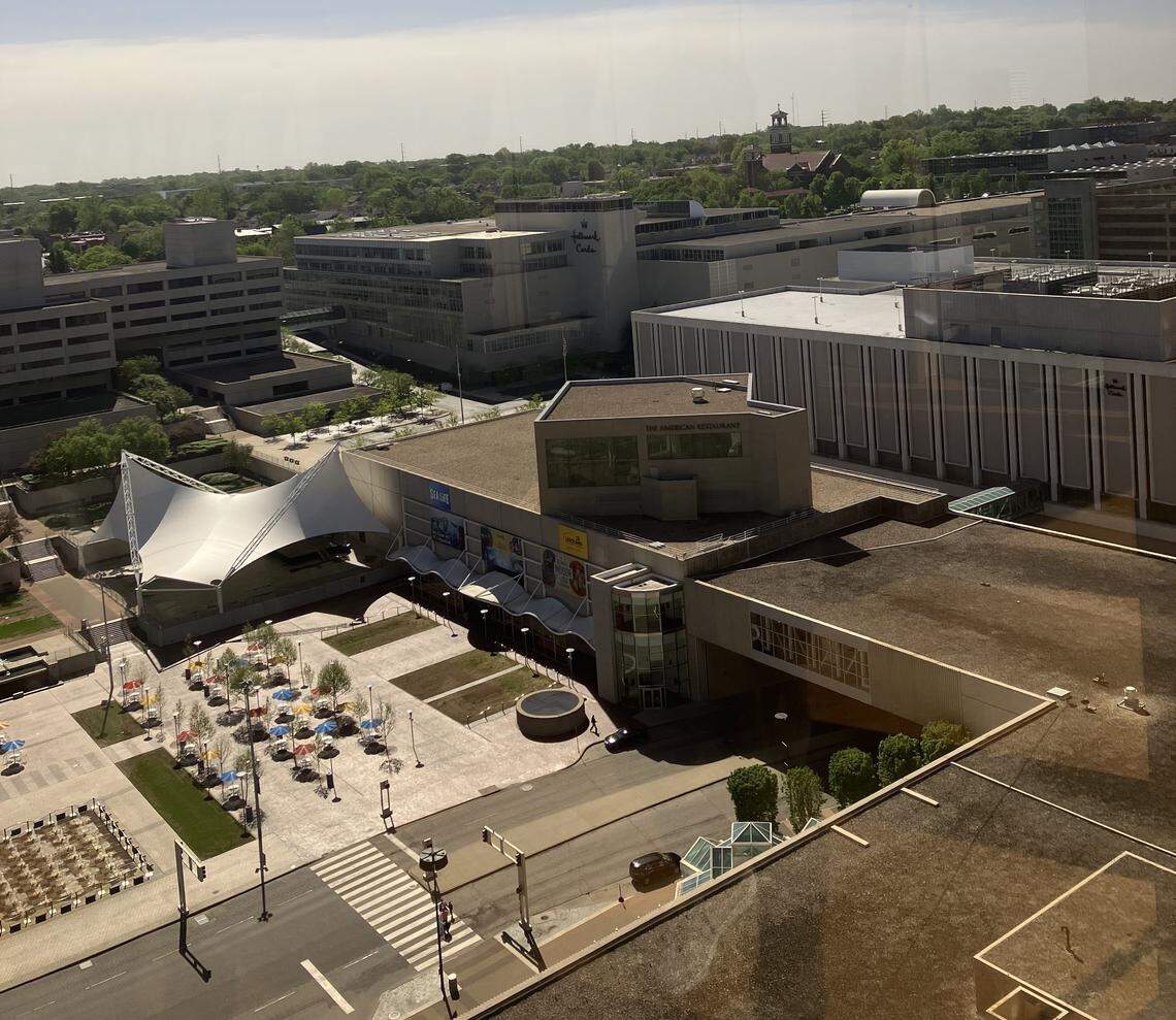 As seen from Benton’s restaurant atop the Westin in Kansas City’s Crown Center, the planned site for a new Royals stadium lies between the Crown Center plaza in foreground and the spire of Our Lady of Sorrows Catholic Church in the background.