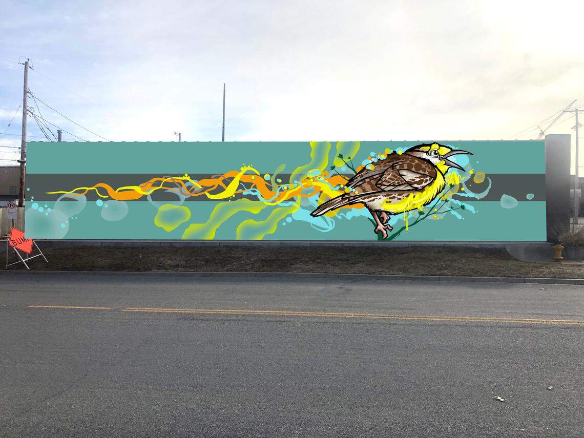 Donald “Scribe” Ross designed this mural of a yellow and brown meadowlark, the Kansas state bird. It would be located at the corner of 80th and Conser Streets in downtown Overland Park.