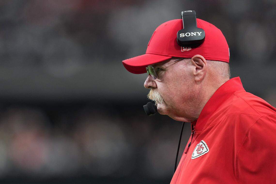 Kansas City Chiefs coach Andy Reid watches the action during an NFL Week 18 game at Allegiant Stadum in Las Vegas on Sunday, Jan. 4, 2026.