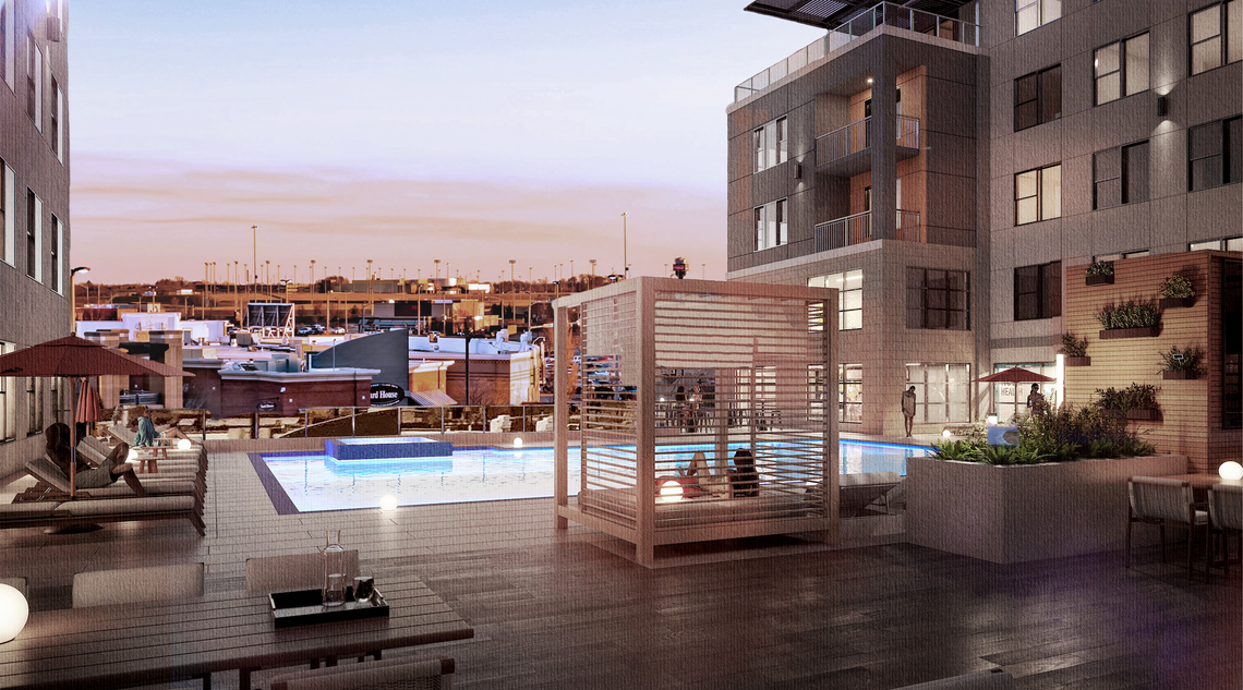 A rendering of Legends 267, shows the luxury apartment complex with an elevated third-floor pool.