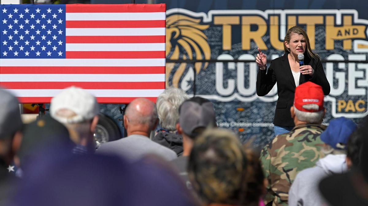 Amanda Adkins, the Republican candidate in Kansas’ 3rd Congressional District, addressed the crowd Friday, Oct. 10, 2022, in Ottawa, Kansas. Adkins was endorsed by Sen. Ted Cruz during the event.