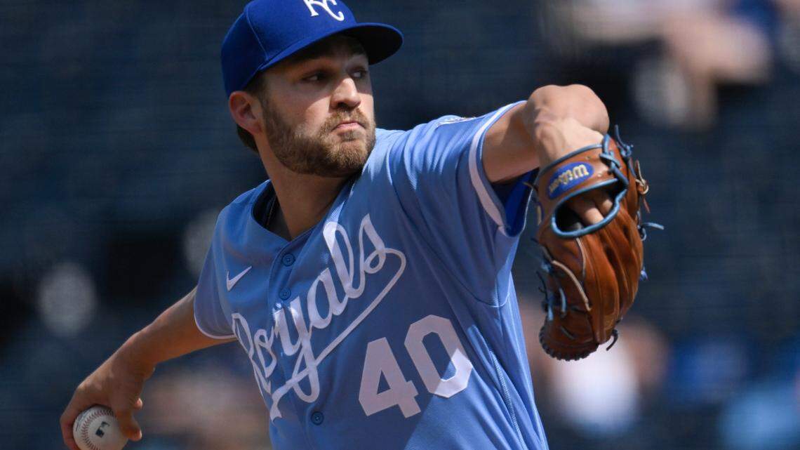 Kansas City Royals relief pitcher Collin Snider throws during the ninth inning of a baseball game against the Houston Astros, Sunday, June 5, 2022, in Kansas City, Mo. (AP Photo/Reed Hoffmann)