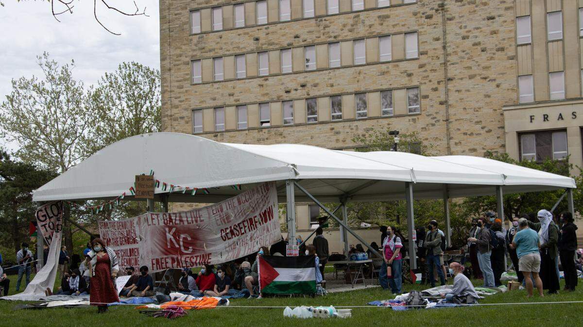 Students for Justice in Palestine set up a protest encampment in front of Fraser Hall at the University of Kansas on May 1, 2024.