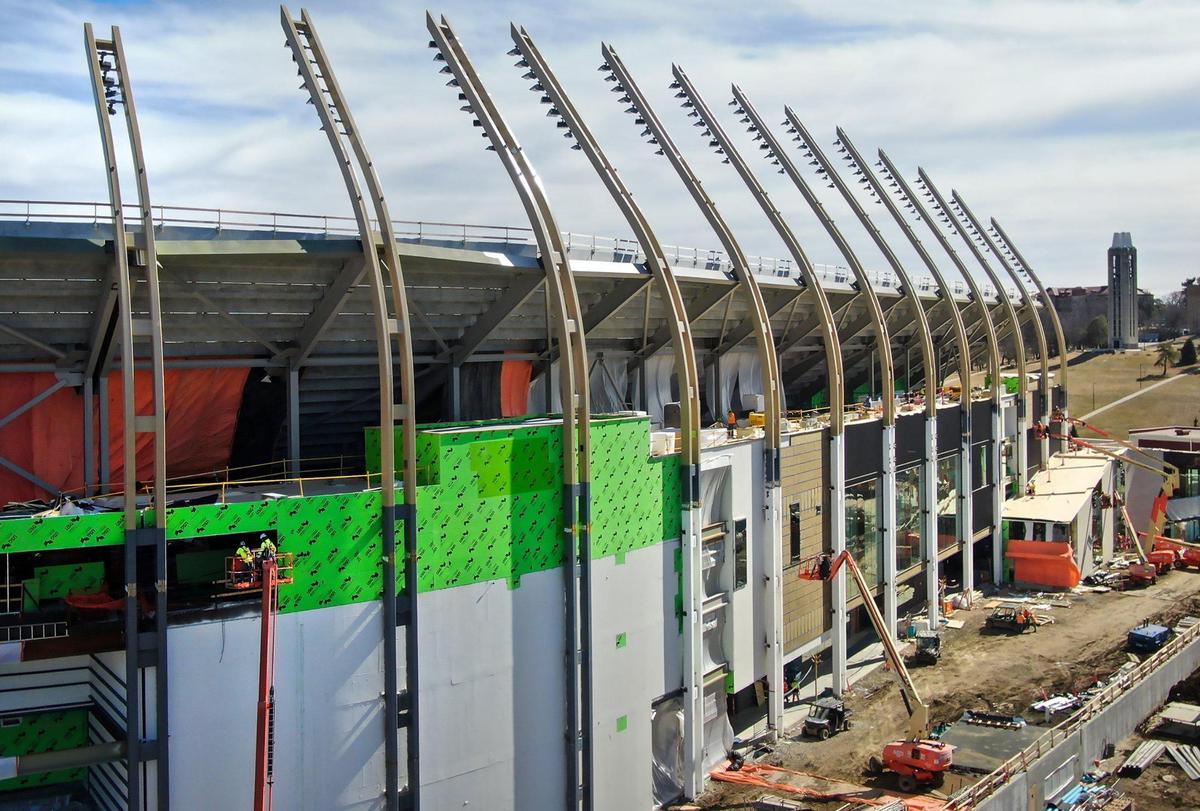 Construction continues as part of the $450 million renovation project at David Booth Kansas Memorial Stadium on Wednesday, Feb. 26, 2025, at the University of Kansas in Lawrence. Phase one focuses on the north and west sides, adding elevated seating, upgraded premium seating, and a modern conference center.