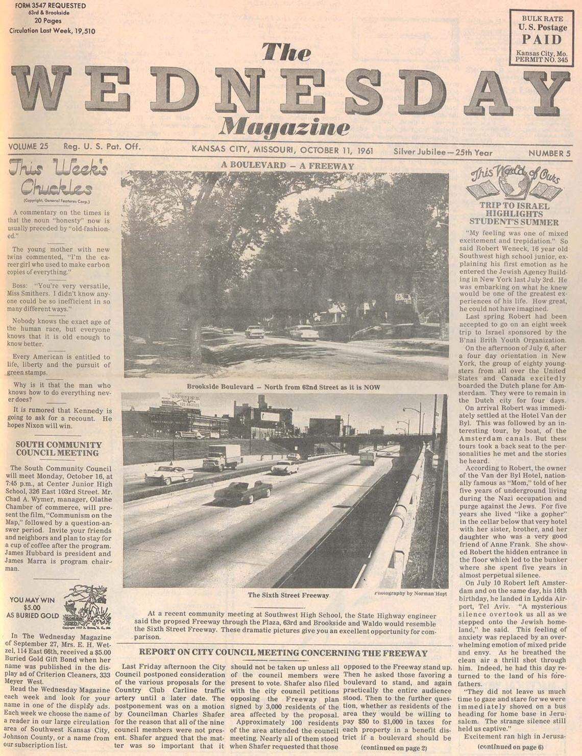 “The Wednesday Magazine” published a photograph of the idyllic Brookside Boulevard alongside an image of the north side of the downtown expressway loop to illustrate what would be lost if the freeway plan were implemented.
