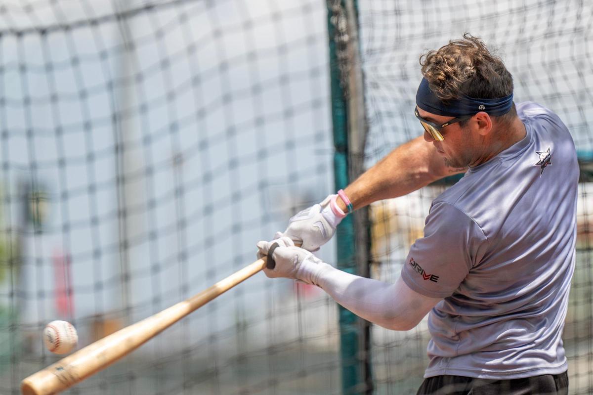 Kansas City Monarchs outfielder Travis Swaggerty warms up during batting practice at Legends Field on Wednesday, May 8, 2024, in Kansas City, Kansas.