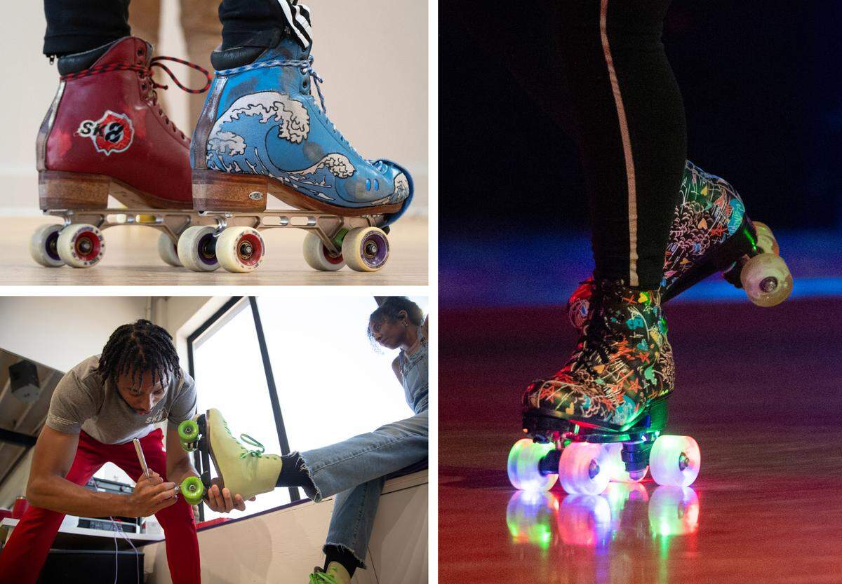 TOP LEFT; Many skaters customize their skates and take great pride in their boots, choosing different models based on the style of skating they prefer. Knejie “KJ” Allen’s right skate sports a blue wave design, and the inside of his red left skate showcases his studio’s logo. BOTTOM LEFT; Allen loosens Amanda Jelks’s skates during an intermediate skating lesson at SK8 SHOT Studios. Customizing skates to an individual’s feet can make all the difference in their ability to execute more complex steps on wheels. RIGHT; Most dedicated skaters prefer their own boots to the rentals at the rink. This skater sports light up wheels.