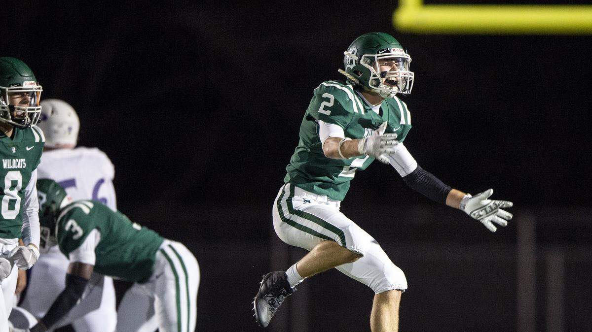 De Soto defensive back Zach Willis celebrateds after a teammate recovered a fumble against Pittsburg on Friday, Oct. 25, 2019, at De Soto High School. De Soto won the game 28-14 and improved to 8-0 on the season.