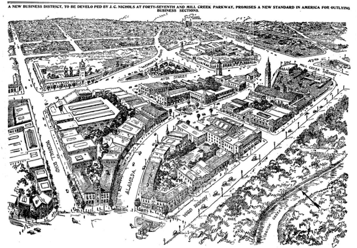 In 1922, The Star published a rendering of “A new business district” to be developed by J.C. Nichols. The development would become the Country Club Plaza.