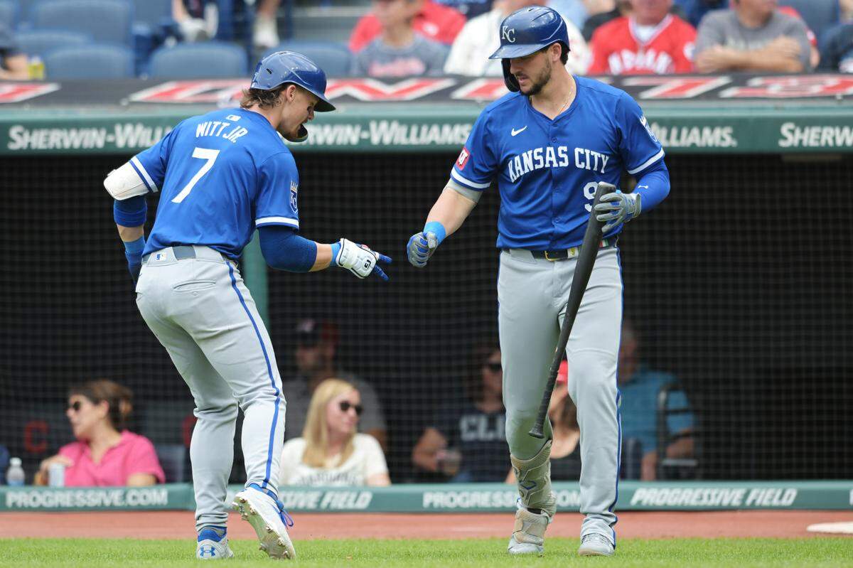 Kansas City Royals shortstop Bobby Witt Jr., left, celebrates a home run with first baseman Vinnie Pasquantino. Both players homered in Wednesday’s series finale against the Cleveland Guardians at Progressive Field.