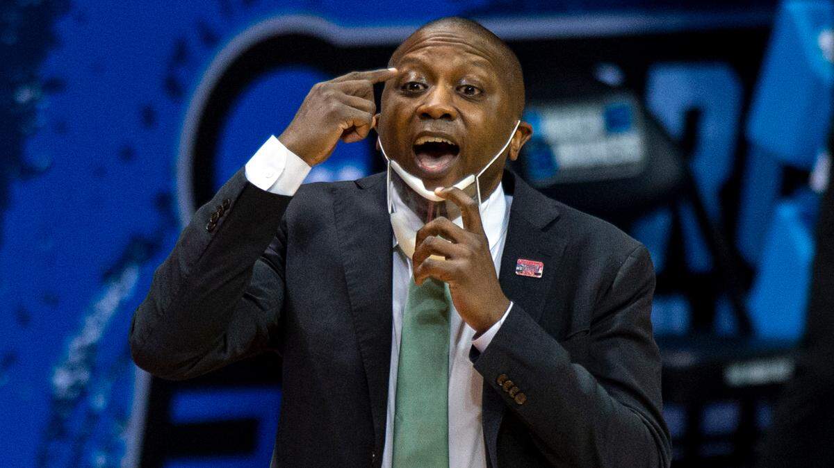 FILE - In this March 19, 2021, file photo, Cleveland State head coach Dennis Gates directs his team during a first-round game against Houston in the NCAA Tournament at Assembly Hall in Bloomington, Ind.