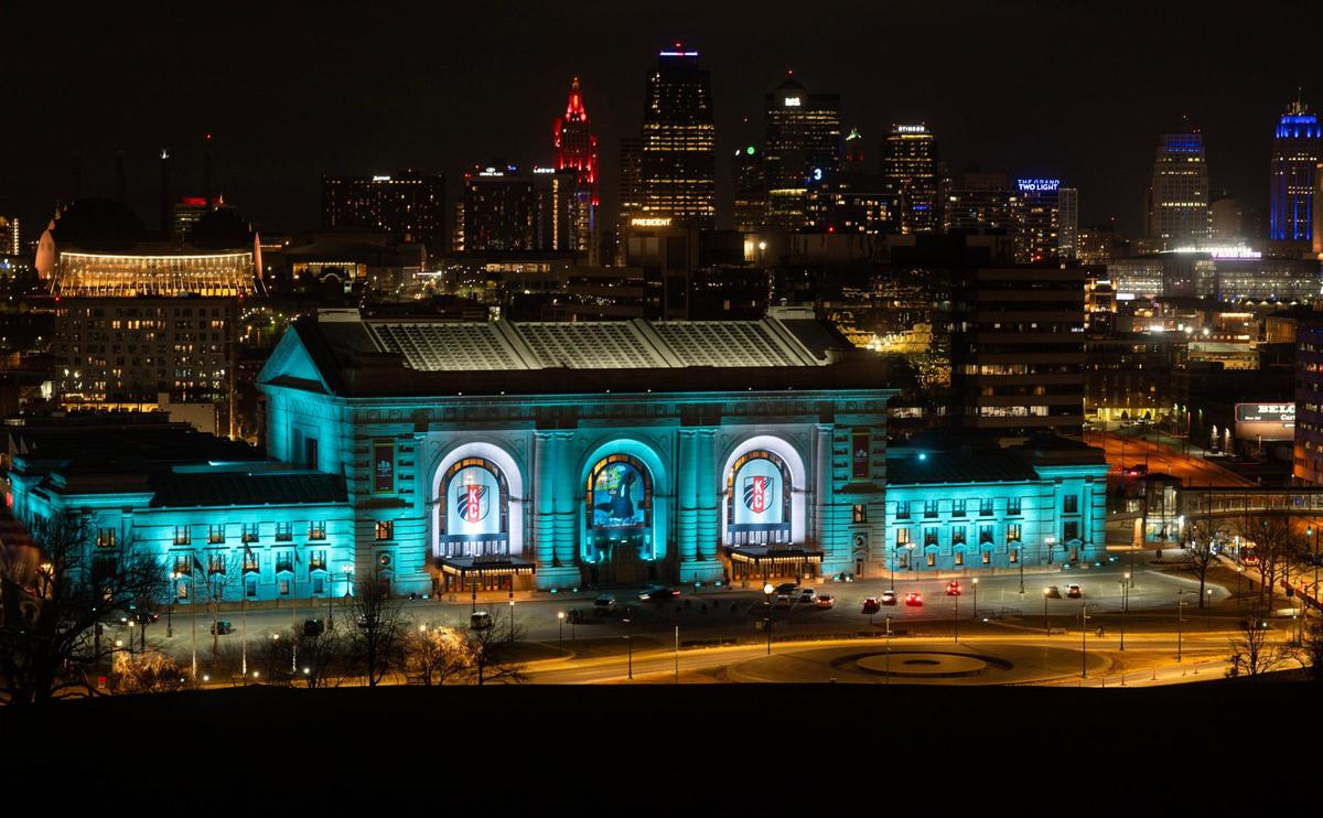 Union Station sported a teal glow Monday night to begin the countdown toward the March 16 opening of the KC Current soccer stadium.