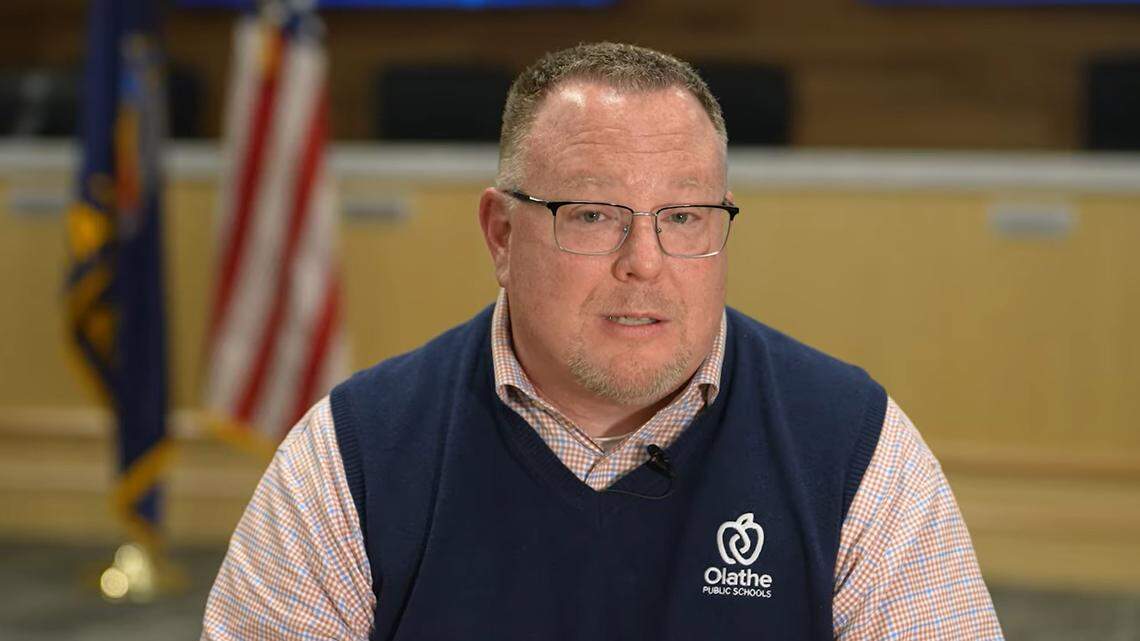 Olathe Schools Superintendent Brent Yeager addresses school closures amid budget constraints in a video sent to district families in March.